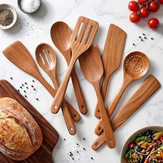 8 Pcs Best Non Toxic Kitchen Utensil Set Teak Wooden Cooking Spoons Nonstick Flat Slotted Turner Spatula Bamboo Wood Serving Utensils for Cooking Egg Spatulas for Kitchen Use Tools Slotted Pasta Spoon