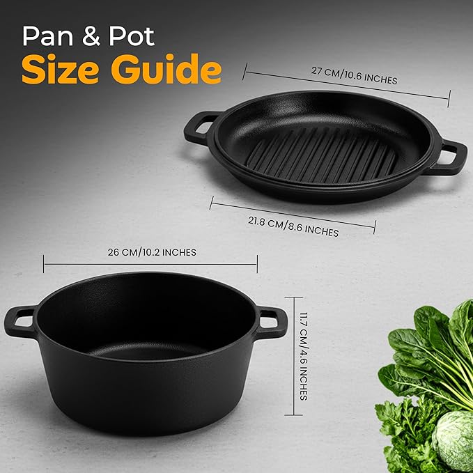 KICHLY Cast Iron Dutch Oven with Dual Purpose Skillet Lid, 5.QT Cast Iron Pot with 10.6 in Griddle Pan, Pre-Seasoned Heavy Duty Pot for Bread Baking, Roasting, Braising & Outdoor Camping Cooking, Black
