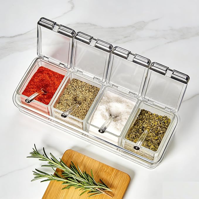 Clear 4-Piece Condiment Seasoning Container Set with Lids & Spoons | 4pc clear condiment set with lids & spoons, non-slip tray countertop storage for salt sugar pepper spice