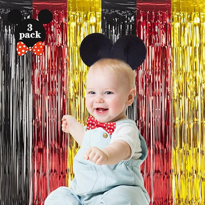 LOLStar 3 Pack Cartoon Mouse Birthday Party Supplies, 3.3x6.6 ft Black Red Gold Birthday Party Decorations Tinsel Foil Fringe Curtains Cute Mouse Photo Booth Props Metallic Backdrop Streamers for Boys