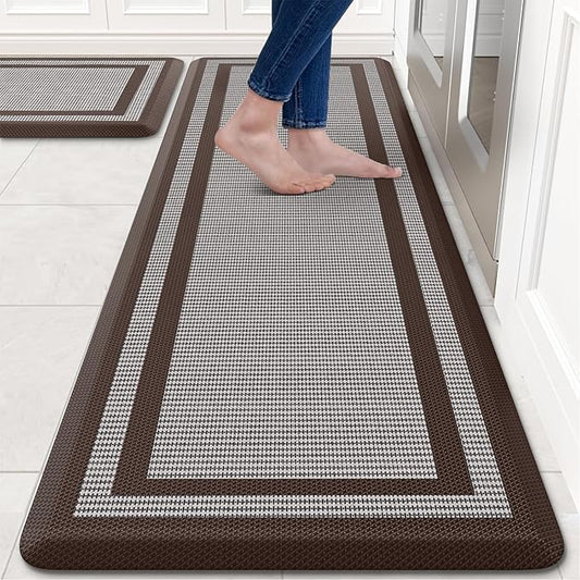 KitchenClouds [2 PCS Kitchen Rugs Cushioned Anti-Fatigue Kitchen Mats for Floor Waterproof Kitchen Rug Set Non-Slip Comfort Standing Mat for Office, Sink, Laundry 17.3"×28"+17.3"×60",Chocolate