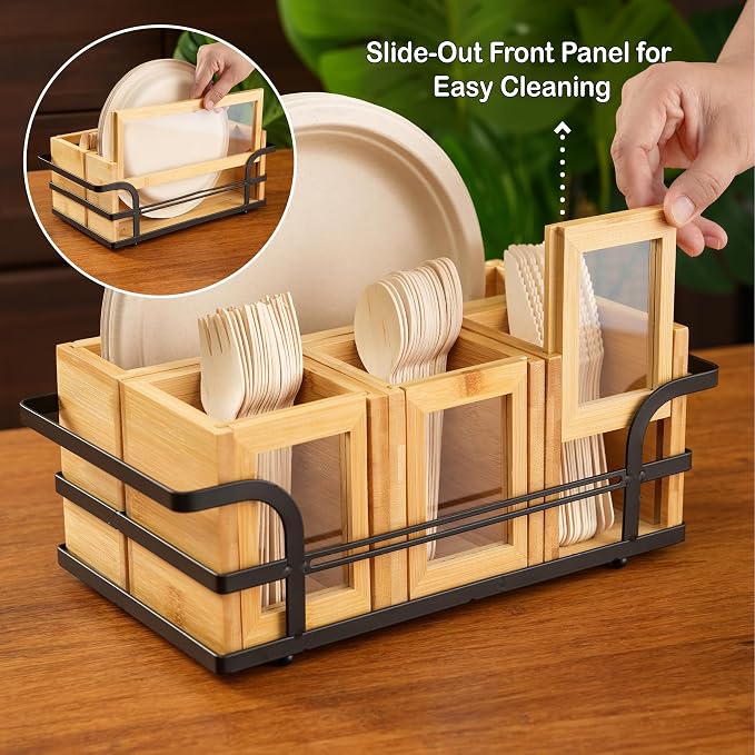 Silverware Caddy Wood Utensil Holder Cutlery Flatware Paper Plate Dispenser Organizer for Spoons Forks Plates Napkins (Acrylic)