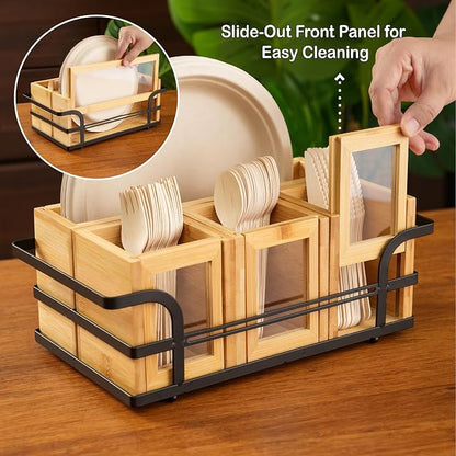 Silverware Caddy Wood Utensil Holder Cutlery Flatware Paper Plate Dispenser Organizer for Spoons Forks Plates Napkins (Acrylic)