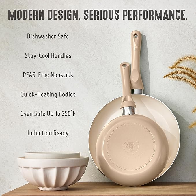 GreenLife 2-Piece Nonstick Frying Pan Set, 8” & 10” Skillets, Non-Toxic Ceramic Cookware, Dishwasher Safe, Stay-Cool Handles, Induction Ready, Fast Heating, Omelet Pan, PFAS Free, Beige Taupe