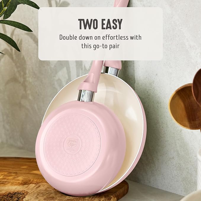 GreenLife 2-Piece Nonstick Frying Pan Set, 8” & 10” Skillets, Non-Toxic Ceramic Cookware, Dishwasher Safe, Stay-Cool Handles, Induction Ready, Fast Heating, Omelet Pan, PFAS Free, Blush Pink