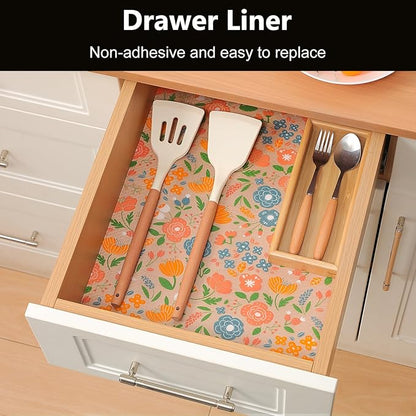 INNOLITES Shelf Liner for Kitchen Cabinets, Non-Adhesive Drawer Liner, Waterproof Washable EVA Floral Pattern, Protect Dresser Cupboard Refrigerator Shelves (Honey Coral Blue, 23.6" x 240")