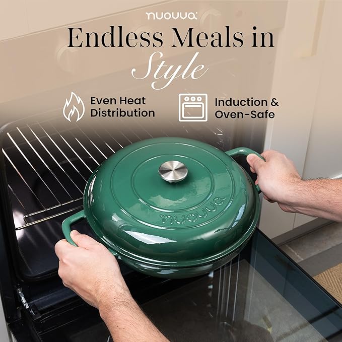 Shallow Cast Iron Casserole with Lid – Non Stick Dutch Oven Pot, Oven Safe up to 500° F – Sturdy Ovenproof Stockpot Cookware – Enamelled Cooking Pot – Dark Green, 5-Quart, 32cm – by Nuovva