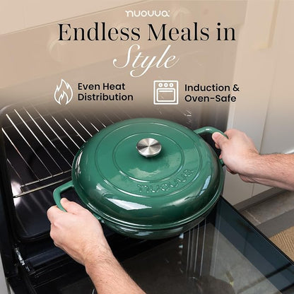 Shallow Cast Iron Casserole with Lid – Non Stick Dutch Oven Pot, Oven Safe up to 500° F – Sturdy Ovenproof Stockpot Cookware – Enamelled Cooking Pot – Dark Green, 3L, 30cm – by Nuovva