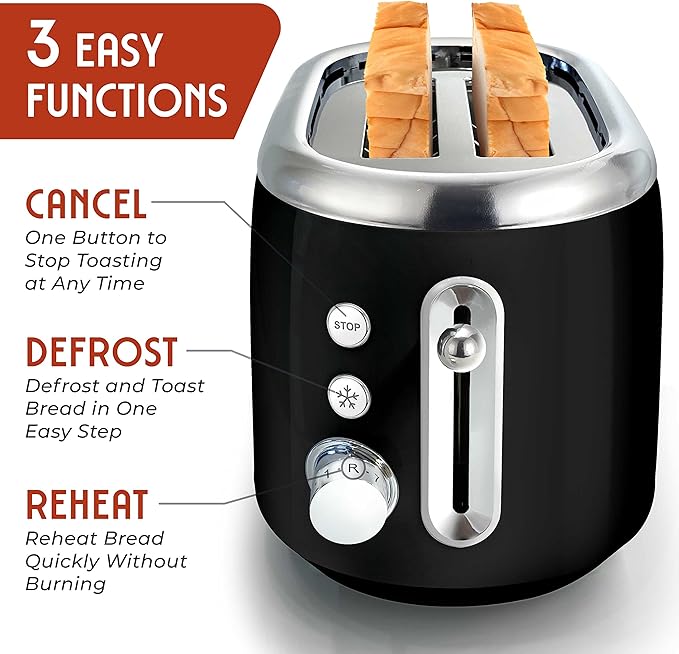 MUELLER HOME Retro Toaster 2 Slice, 7 Browning Levels, 3 Functions (Reheat, Defrost, Cancel), Stainless Steel Features, Removable Crumb Tray, Under Base Cord Storage, Black
