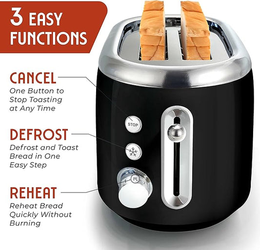 MUELLER HOME Retro Toaster 2 Slice, 7 Browning Levels, 3 Functions (Reheat, Defrost, Cancel), Stainless Steel Features, Removable Crumb Tray, Under Base Cord Storage, Black