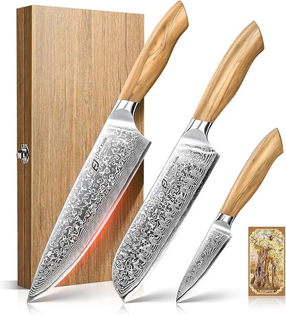 Emojoy Damascus Kitchen Knife Set, 3 PCS Japanese Chef Knife Set, 67-Layers Damascus Knife with Original Olive Wood Handle, Include Wooden Gift Box