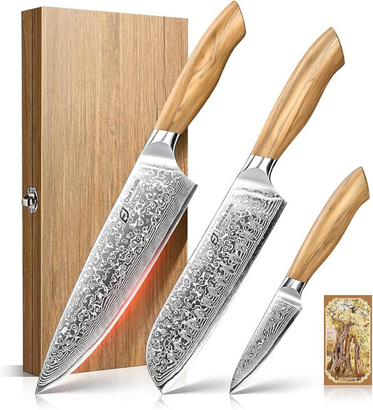 Emojoy Damascus Kitchen Knife Set, 3 PCS Japanese Chef Knife Set, 67-Layers Damascus Knife with Original Olive Wood Handle, Include Wooden Gift Box