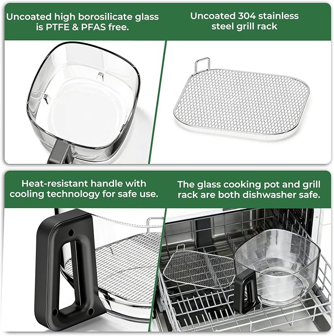 5 Quart Glass Air Fryer, Non Toxic & Uncoated High Borosilicate Glass Basket, Airfryer with Transparent Fry Bowl, 8 Preset Modes, PTFE/PFAS Free, BPA-Free, Dishwasher Safe, Black
