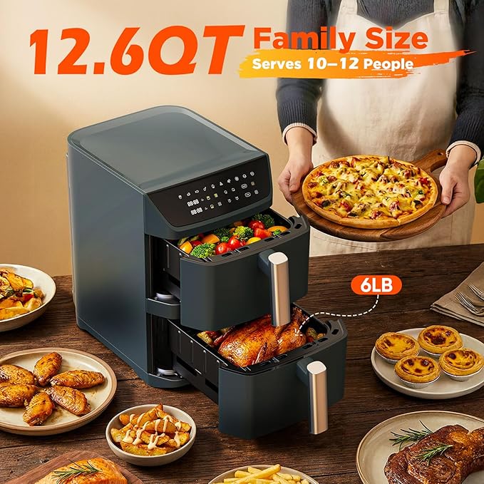 Dual Basket Air Fryer, 12.6QT Family-Size for 10–12 People, XL Basket for 6LB Whole Chicken, DoubleStack Compact Design, 10-in-1 Functions with Reheat, Dehydrate & SyncFinish, Dishwasher-Safe, Black
