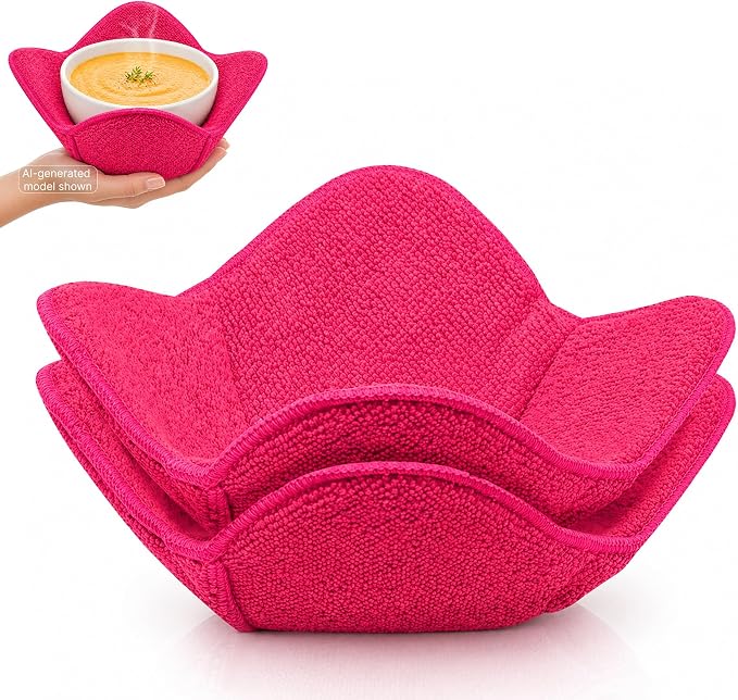 Set 2X Pink 7" sq. x 4" H Inch Microwave Bowl Cloth Hot Pads Pot Holders Polyester Microwavable Bowl Cozies for Food, Ooma, Ramen Bowls Cozy or Soup Koozie, Good Kitchen Accessories, Gadgets