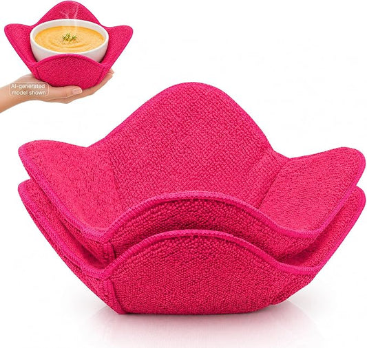 Set 2X Pink 7" sq. x 4" H Inch Microwave Bowl Cloth Hot Pads Pot Holders Polyester Microwavable Bowl Cozies for Food, Ooma, Ramen Bowls Cozy or Soup Koozie, Good Kitchen Accessories, Gadgets