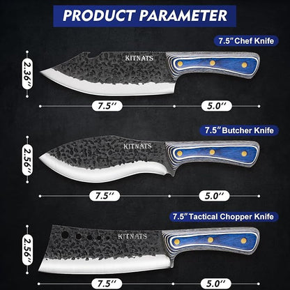 KITNATS 3Pcs Kitchen Knife Set, Hand Forged Butcher Knives Set - Chef Knives & Butcher Knife &Tactical Chopper, Meat Cutting Cleaver for Home Camping BBQ Ideal Gifts