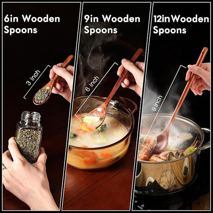 6pcs 9in Wooden Spoons, Soup Spoons Set, Long Handle Wooden Utensils for Cooking, Tasting, Serving, Stirring and Mixing (6pcs 9in)