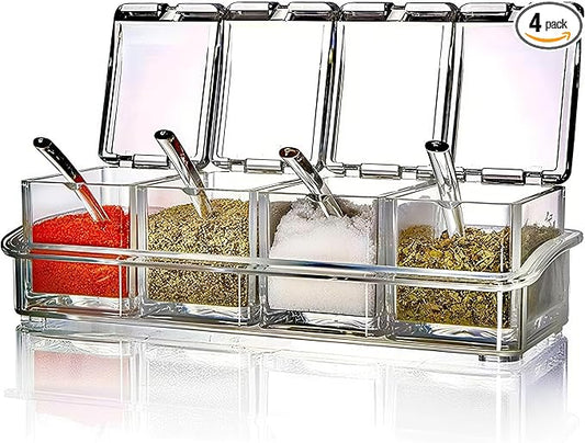 Clear 4-Piece Condiment Seasoning Container Set with Lids & Spoons | 4pc clear condiment set with lids & spoons, non-slip tray countertop storage for salt sugar pepper spice