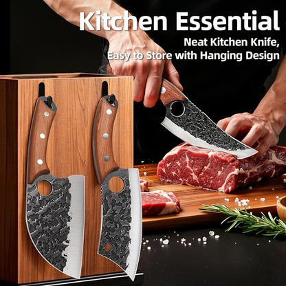 Fathers Day Gift for Men Dad, 3PCS Butcher Knife Set, Hand Forged Serbian Chef Knives & Meat Cleaver & Viking Knives, Meat Cutting Kitchen Knife Set for Home, Outdoor Cooking, Camping BBQ