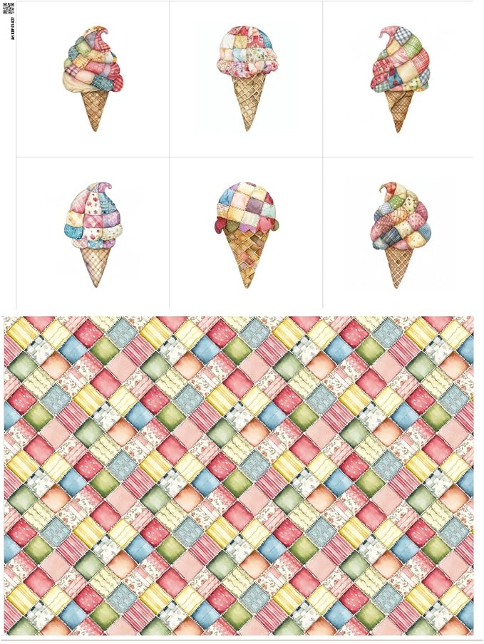 Patchwork Ice Cream Cotton Fabric Panel – 6 Designs (10×10 inch Each) + Bonus Sheet 29.5×19.6 inch, 100% Cotton 140 GSM, Made in Türkiye