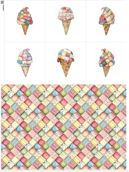 Patchwork Ice Cream Cotton Fabric Panel – 6 Designs (10×10 inch Each) + Bonus Sheet 29.5×19.6 inch, 100% Cotton 140 GSM, Made in Türkiye