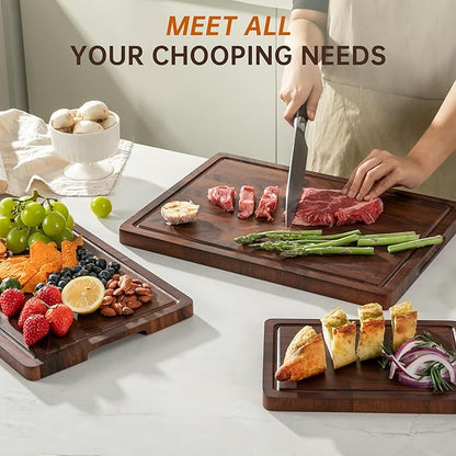 THETCHRY Walnut Wood Cutting Board Set, End Grain Cutting Boards for Kitchen with Handle, Non Toxic Wooden Charcuterie Boards Double Sided, Butcher Block for Meal Prep & Serving with Gift Box