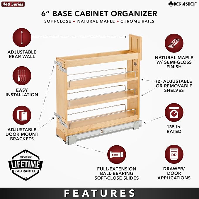 Rev-A-Shelf 5" Pullout Storage Organizer for Base Kitchen/Bathroom Cabinets, Spice Rack/Pantry Shelves with Soft-Close Slides, Wood, 448-BDDSC-5C