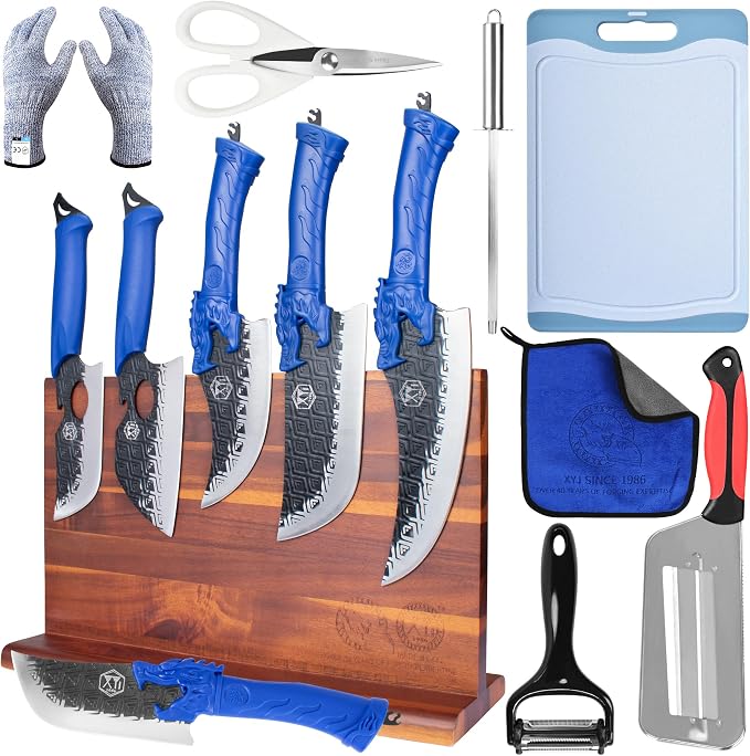 XYJ Knife Block Set, High Carbon Steel Blades, Kitchen Knives Set with Magentic Knife Holder, Honing Steel, Scissors, Cutting Board, Gloves, Peeler, Boning Slicing Chef Knives, Ergonomic Handle
