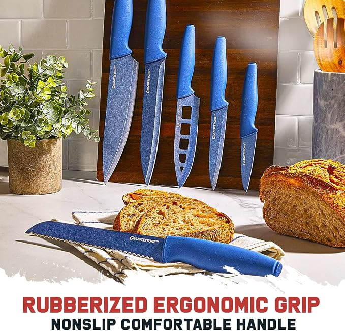 Nutriblade Knife Set with Block by Granitestone 6-Piece Professional Kitchen Chef’s Knives Ultra Sharp Stainless Steel Blades and Nonstick Granite Coating, Easy-Grip and Dishwasher-safe (Blue)