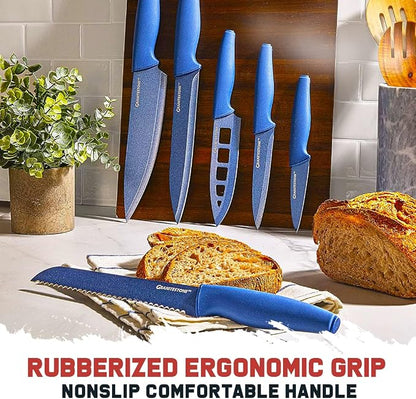 Nutriblade Knife Set with Block by Granitestone 6-Piece Professional Kitchen Chef’s Knives Ultra Sharp Stainless Steel Blades and Nonstick Granite Coating, Easy-Grip and Dishwasher-safe (Blue)