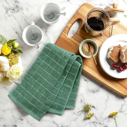 Mordimy 100% Cotton Terry Cloth Kitchen Towels, Super Soft and Absorbent Dish Towels for Drying, Checkered Designed Hand Towels for Kitchen, 13 x 28 Inches, 4 Pack, Grass Green