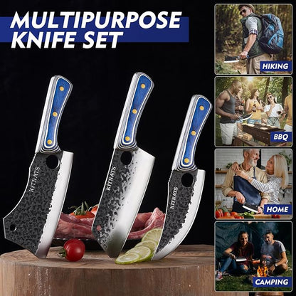 KITNATS 3PCS Butcher Knife Set, Hand Forged kitchen Knife Set-Heavy Duty Bone Chopper & Meat Cleaver & Viking Chef Knife Set for Home, Outdoor Cooking, Camping BBQ
