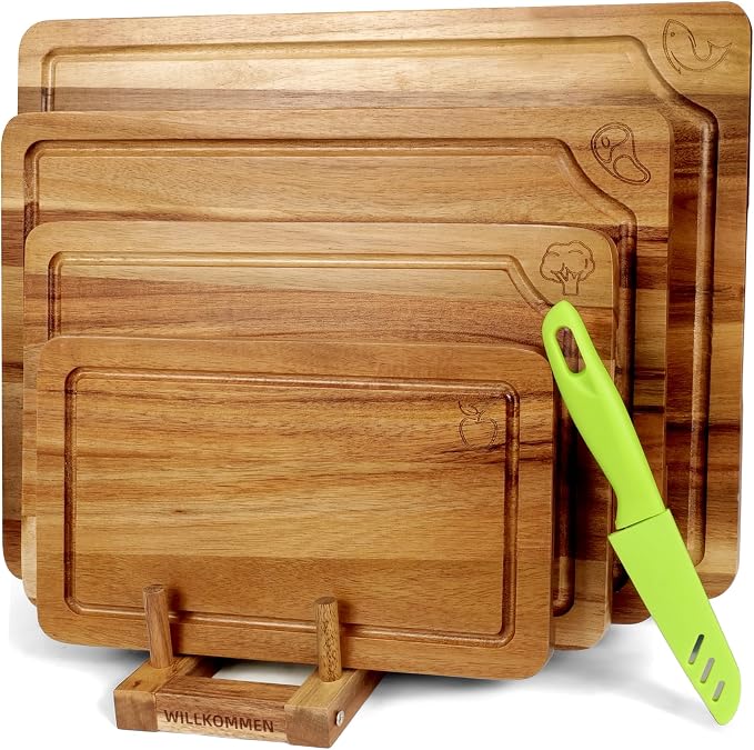 Acacia Wood Cutting Boards Set for Kitchen, 4-Piece Chopping Board Set with Food Icon (Meat, Fish, Vegetables, Fruits) Wooden Butcher Block with Stands & Juice Groove (S,M,L,XL)