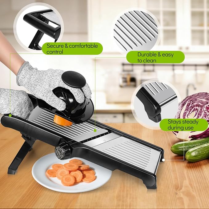 MASTERTOP Mandoline Slicer Adjustable Stainless Steel Food Slicer for Kitchen Vegetable Onion Potato Fruit French Fry Cutter Potato Chip Julienne Slicers with Cut Resistant Gloves