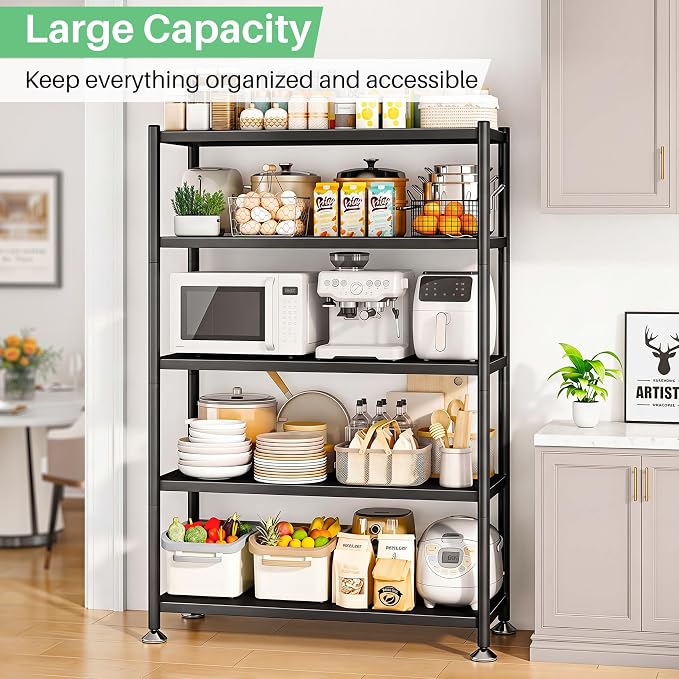 PXRACK Metal Shelving for Storage, 5 Tier Adjustable Kitchen Storage Shelves with Wheels, Shelving Unit Bookshelf Utility Shelf Metal Storage Rack for Garage Pantry Closet Laundry, 35.8"x13"x59.65"