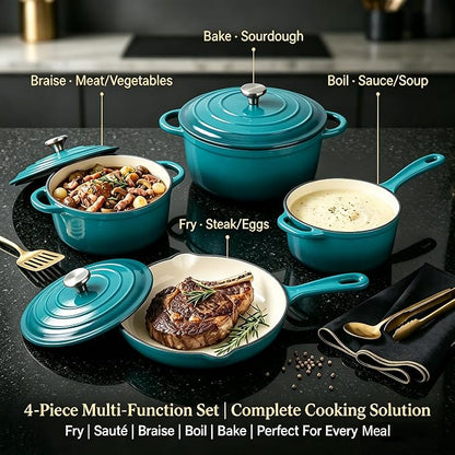 QuliMetal Enameled Cast Iron Cookware Set, 4-Piece Pots and Pans Set with Lids, 10.25" Skillet, 2QT Saucepan, 2.8QT & 4.8QT Dutch Ovens, Oven Safe to 500°F, All Stovetops Compatible - Teal