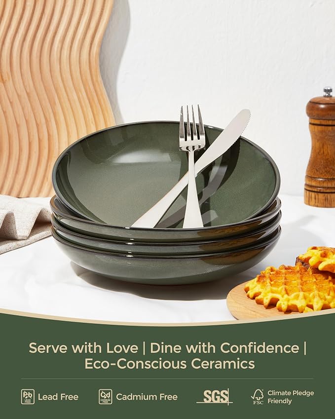Pokini 16 Piece Double Bowl Dinnerware Sets with Pasta Bowls, Highly Chip and Crack Resistant Plates and Bowls Sets, Natural Earthyware Ceramic Dishware Sets, Service for 4 Blackish Green