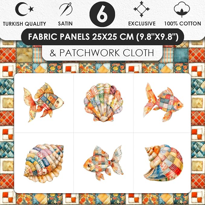 Patchwork Fish Cotton Fabric Panel – 6 Designs (10×10 inch Each) + Bonus Sheet 29.5×19.6 inch, 100% Cotton 140 GSM, Made in Türkiye