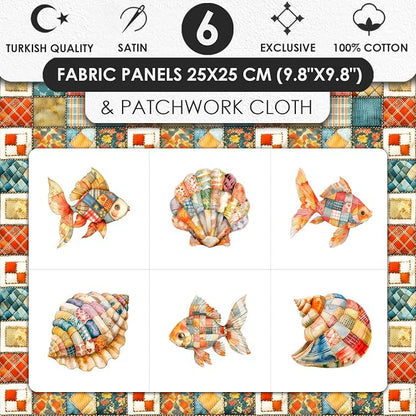 Patchwork Fish Cotton Fabric Panel – 6 Designs (10×10 inch Each) + Bonus Sheet 29.5×19.6 inch, 100% Cotton 140 GSM, Made in Türkiye