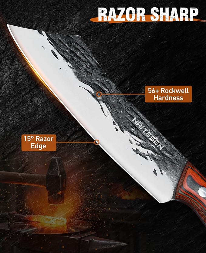 Naitesen 3PCS Hand Forged Butcher Knife Set - Very Sharp Serbian Chef Knife, Cleaver and Boning Knife for Meat Cutting Kitchen, Camping & BBQ - Full Tang Wood Handle with Gift Box