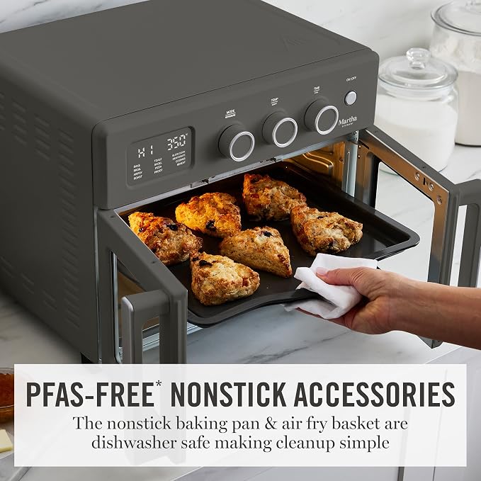 Martha Stewart French Door Air Fryer Toaster Oven Combo, 34QT Countertop Convection, 12-in-1, Bake, Broil, Roast, Fits 12” Pizza, Dehydrate, 5 Accessories, Air Fry Basket, Stainless Steel, Caviar Gray