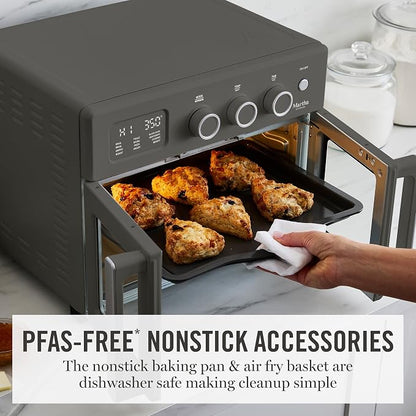 Martha Stewart French Door Air Fryer Toaster Oven Combo, 34QT Countertop Convection, 12-in-1, Bake, Broil, Roast, Fits 12” Pizza, Dehydrate, 5 Accessories, Air Fry Basket, Stainless Steel, Caviar Gray