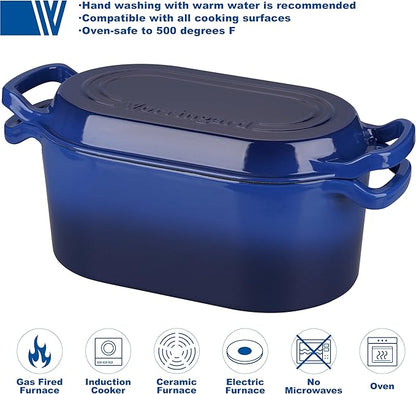VORRINGARD Oval Dutch Oven Pot with Lid, Enamel Coating Cast Iron Bread Pans for Homemade Sourdough Bread Baking, Cooking, 4 Quart, Blue