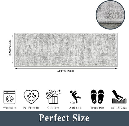 Rug Runners 2x6 Hallway Washable, Non Slip with Rubber Backing Carpet for Kitchen Bathroom Neutral Moroccan Vintage Oriental Distressed Area Rugs for Bedroom Laundry Room Entry Entryway, Grey/Ivory