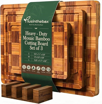 Cutting Board,Heavy Duty Cutting Board Set of 3 with Stand,End Grain Butcher Block Cutting Boards for Kitchen with Juice Grooves and Handles for Meat, Cheese, Charcuterie and Serving