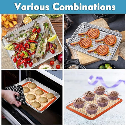 P&P CHEF 10.4 Inch Baking Oven Sheet Pan with Rack & Mat for Cookie, Stainless Steel Oven Sheet Tray Cooling Rack and Silicone Mat for Baking & Roasting, Dishwasher Safe & Healthy, 3Pcs