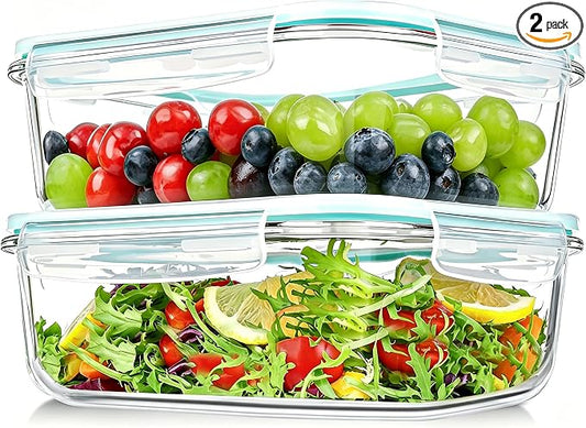GEHE 2 Pack 52oz Large Glass Food Storage Containers with Lids, Meal Prep Container, Glass Storage Containers with Airtight Lids for Baking, Storing, Microwave/Freezer/Dishwasher Safe, BPA Free