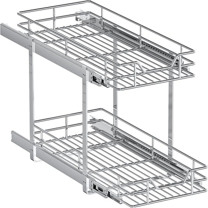 2-Tier Pull Out Cabinet Organizer, 10.5" W x 21.5" D, Heavy Duty Dual Slide Out Shelves for Narrow Base Cabinets, Chrome Wire Basket Drawer for Spices, Bottles & Snacks
