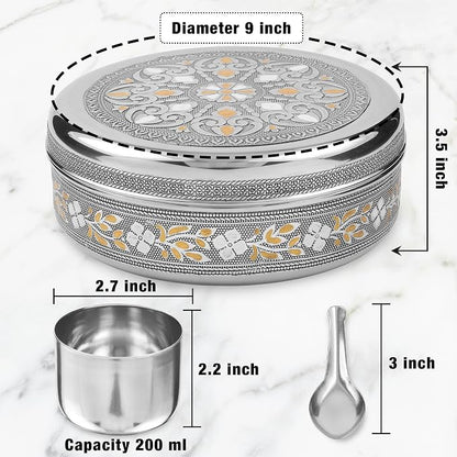KSJONE Designer Spice Box, 7 Spice Jars, Holds 7 Spices, Steel Spice Container with 7 Spoons, Storage for Spices and dryfruits Indian Masala Dabba Gifts for Women, Mothers Day Gifts for Mom (9 Inch)